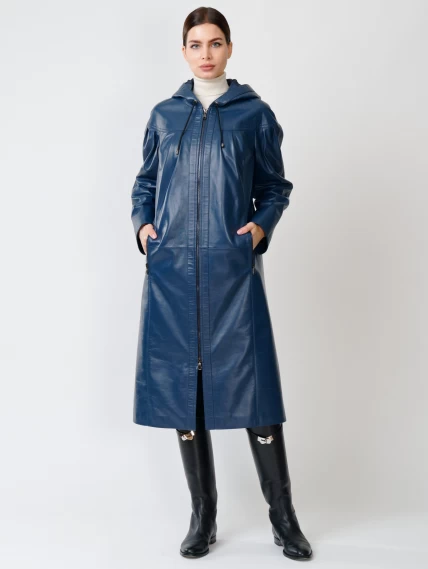 Кожаное женское пальто с капюшоном на молнии премиум класса 3009, синее, размер 50, артикул 25600-3