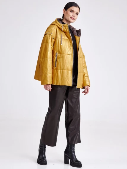 Утепленная женская кожаная куртка оверсайз с капюшоном премиум класса 3023, желтая, размер 44, артикул 23390-2
