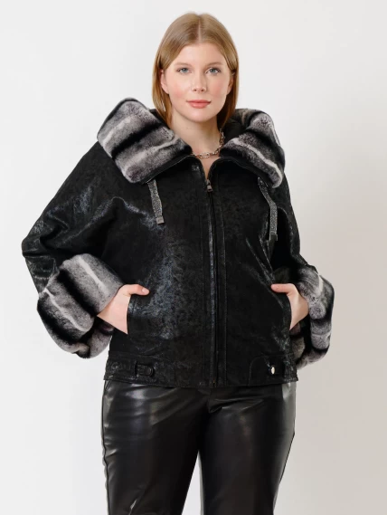 Замшевая утепленная женская куртка с мехом "рекса" 397ш, черная, размер 48, артикул 23721-2
