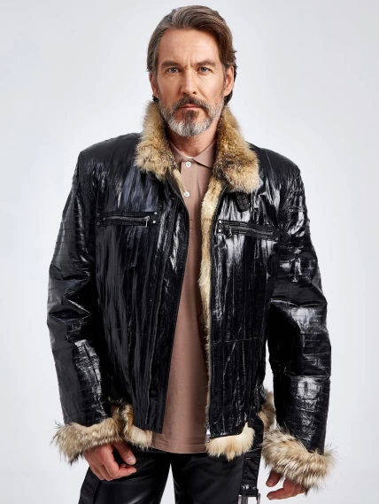 Зимняя мужская кожаная куртка из кожи морского угря на подкладке из меха лисицы ZE/F-7980, черная, размер 48, артикул 40800-3