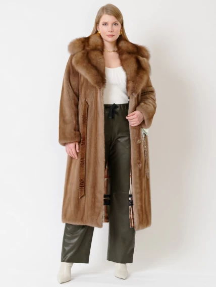 Зимний комплект женский: Пальто из меха норки 19009ав + Брюки 06, пастельный/оливковый, размер 52, артикул 111194-0