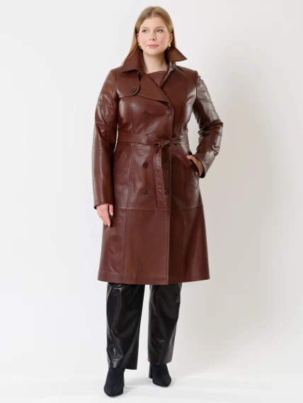 Кожаное двубортное женское пальто с поясом премиум класса 3003, ореховое, размер 48, артикул 63490-4