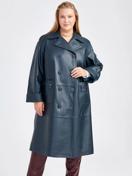 Кожаное двубортное женское пальто премиум класса 3012, синее, размер 56, артикул 25670-0