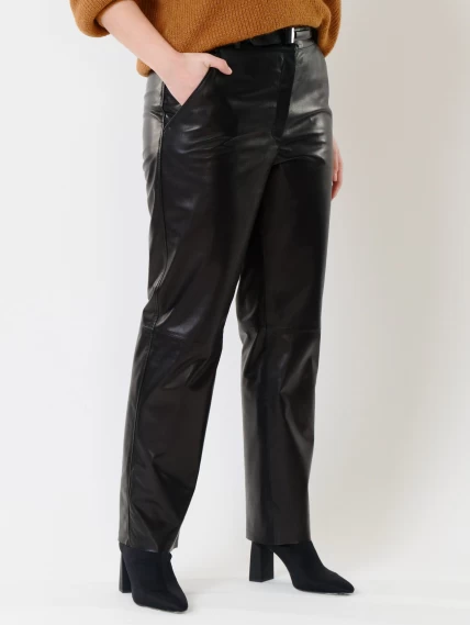 Кожаные прямые женские брюки из натуральной кожи 04, черные, размер 46, артикул 85390-1