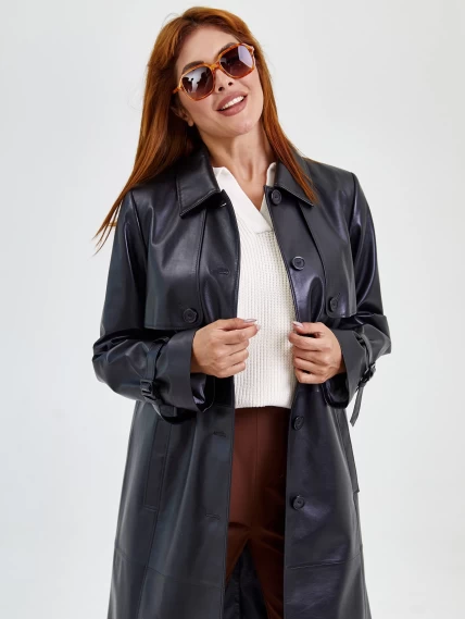Кожаное женское пальто тренч с поясом премиум класса 3018, черное, размер 50, артикул 25660-3