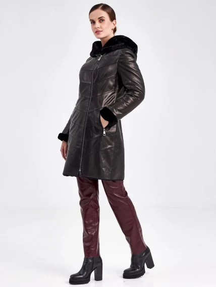 Кожаный плащ зимний женский 391мех, с капюшоном, черный, размер 46, артикул 92040-1
