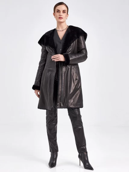 Кожаное пальто зимнее женское 393мех, с капюшоном, черное, размер 46, артикул 91860-5