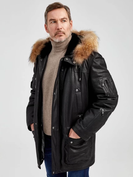 Утепленная мужская кожаная куртка аляска с мехом енота Алекс, черная DS, размер 52, артикул 40441-5