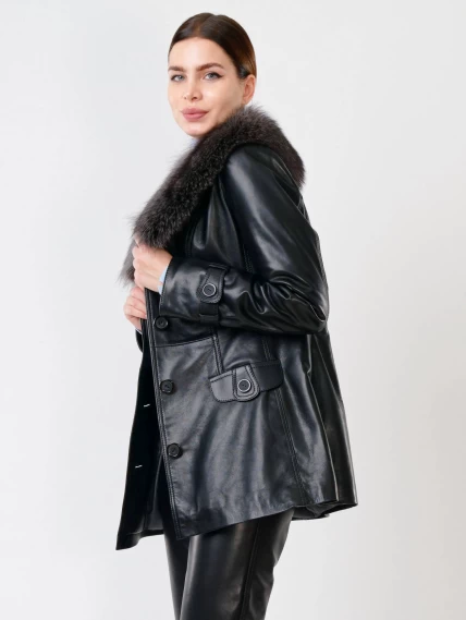 Кожаная утепленная женская куртка с мехом енота 372ш, черная, размер 50, артикул 23650-1