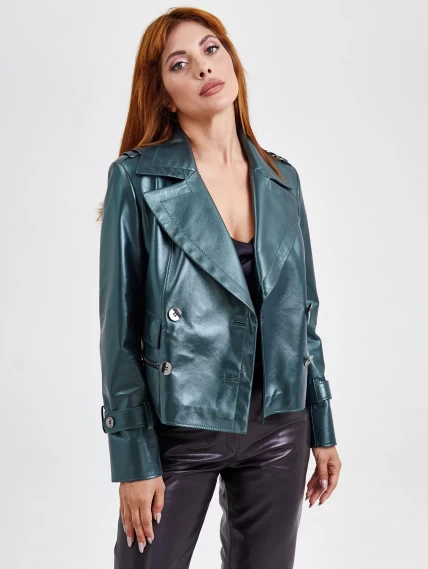 Двубортный кожаный женский пиджак 3014, зеленый, размер 48, артикул 91731-0
