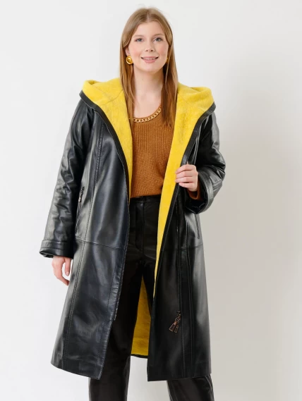 Кожаное женское пальто с капюшоном на подстежке из астрагана премиум класса 3011, черное, размер 48, артикул 25650-1