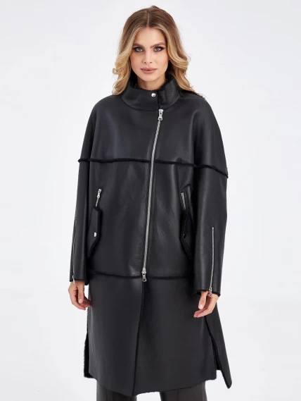 Молодежное женское пальто из натуральной овчины премиум класса 2029, черное, размер 50, артикул 63910-1