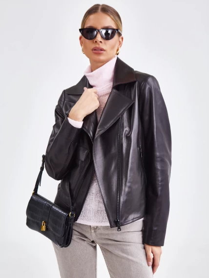 Короткая женская кожаная куртка косуха премиум класса 3032, черная, размер 44, артикул 23241-1