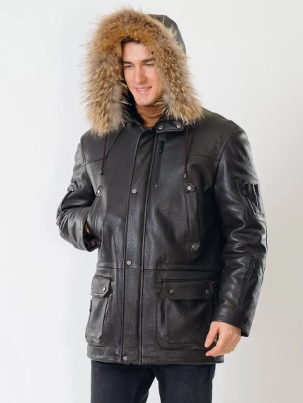 Утепленная мужская кожаная куртка аляска с мехом енота Алекс, коричневая, размер 52, артикул 40300-1