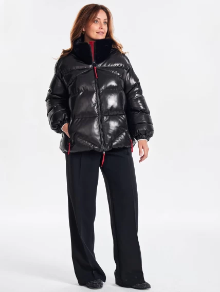 Утепленная женская кожаная куртка с норковым воротником премиум класса 3072, черная, размер 50, артикул 25560-0