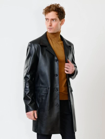 Удлиненный кожаный мужской пиджак премиум класса 539, черный, размер 52, артикул 29550-6