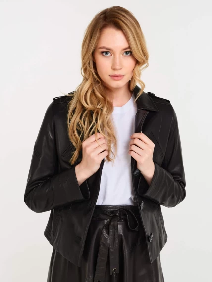 Короткая женская кожаная куртка пиджак 304, черная, размер 44, артикул 90380-0