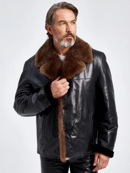 Кожаная зимняя мужская куртка с воротником меха соболя премиум класса 4365, черная, размер 58, артикул 40670-0