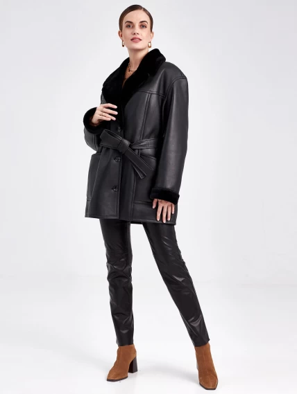 Короткая женская дубленка пиджак с поясом премиум класса 2011, черная, размер 46, артикул 62661-5