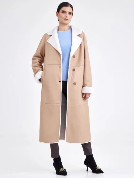 Классическое пальто из натуральной овчины с поясом премиум класса для женщин 2009, бежевое, размер 46, артикул 63740-4