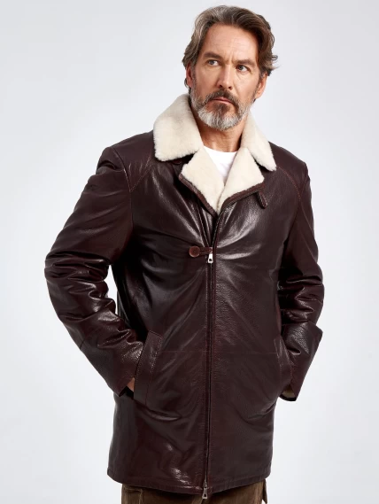 Зимняя мужская кожаная куртка на подкладке из овчины 5449, коричневая, размер 58, артикул 40620-6