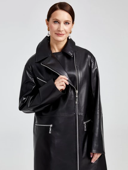 Кожаное женское пальто косуха оверсайз премиум класса 3015, черное, размер 50, артикул 25630-0