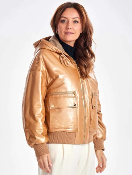 Женская утепленная куртка бомбер с капюшоном премиум класса 3075, бежевая, размер 44, артикул 25550-1