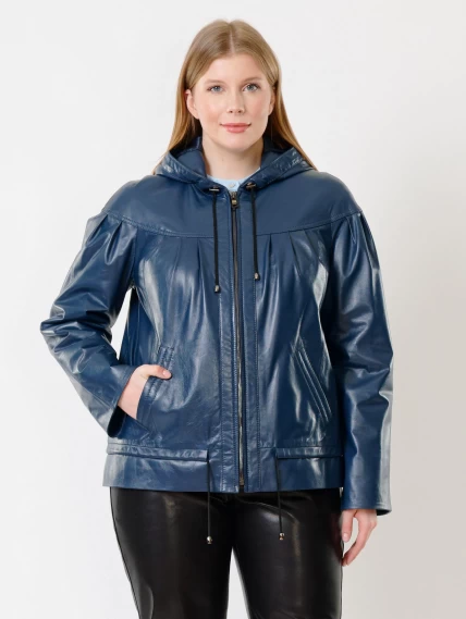 Кожаная женская куртка с капюшоном 303, синяя, размер 54, артикул 91190-0