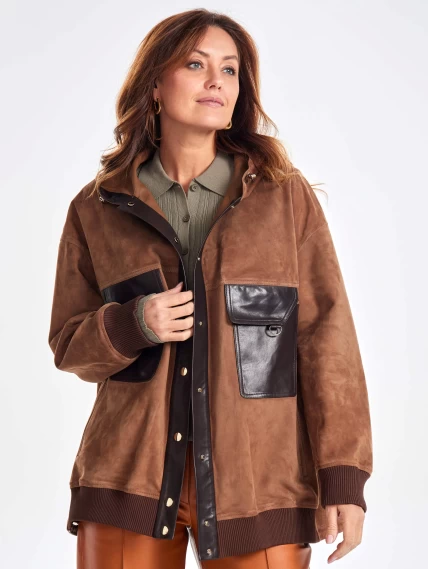 Удлиненная замшевая женская куртка бомбер с капюшоном премиум класса 3067з, светло-коричневая, размер 44, артикул 23820-6