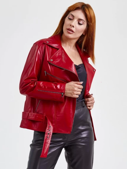 Кожаная женская куртка косуха с поясом 3013, красная, размер 48, артикул 91710-5