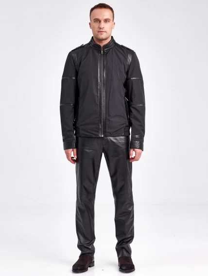 Текстильная мужская куртка бомбер с кожаными отделками 07210, черная, размер 50, артикул 40930-5