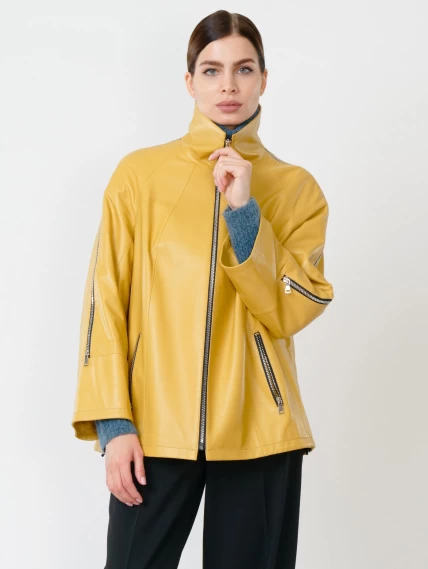 Кожаная женская куртка оверсайз 385, желтая, размер 50, артикул 90570-1