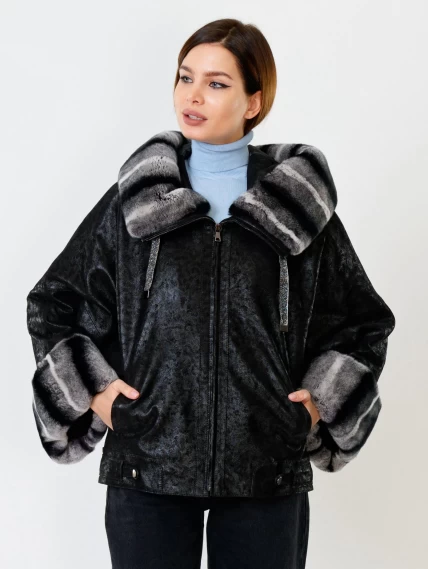 Замшевая утепленная женская куртка с мехом "рекса" 397ш, черная, размер 48, артикул 91090-5