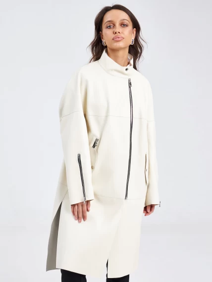 Модное женское кожаное пальто на молнии премиум класса 3041, белое, размер 46, артикул 63410-1