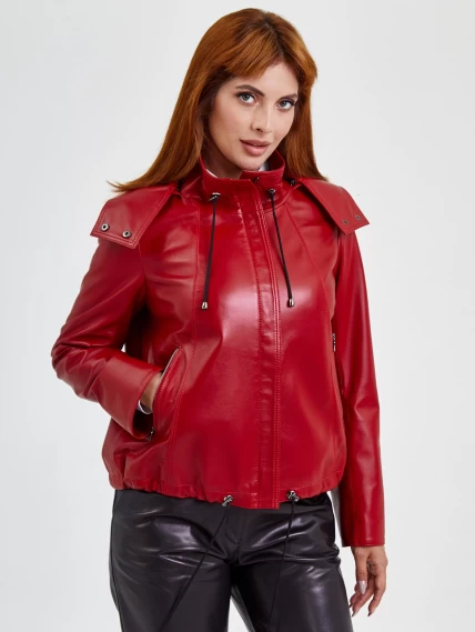 Кожаная женская куртка бомбер с капюшоном 305, красная, размер 48, артикул 91741-5