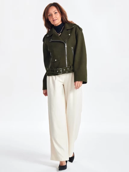 Короткая кожаная куртка косуха с поясом для женщин премиум класса 3052, хаки, размер 44, артикул 23460-1