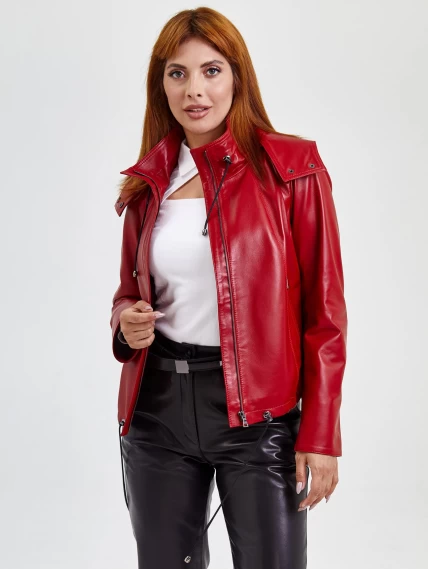 Кожаная женская куртка бомбер с капюшоном 305, красная, размер 48, артикул 91741-1
