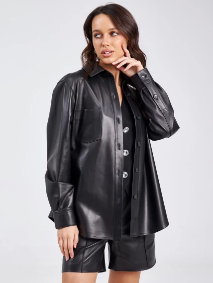 Кожаная женская рубашка с поясом из натуральной кожи премиум класса 02, черная, размер 44, артикул 23220-6