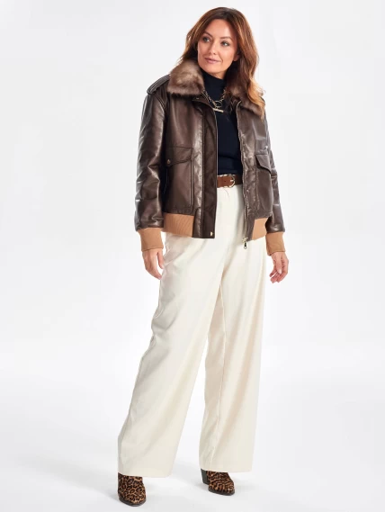 Женская утепленная куртка бомбер с воротником меха куницы премиум класса 3076, коричневая, размер 44, артикул 25520-6