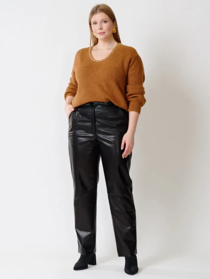 Кожаные прямые женские брюки из натуральной кожи 04, черные, размер 46, артикул 85390-0