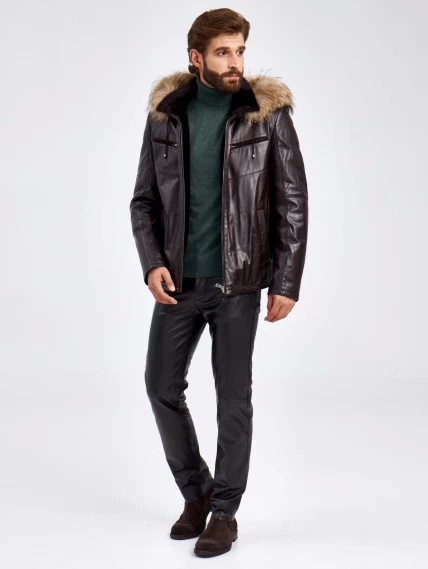 Кожаная зимняя мужская куртка с капюшоном на подкладке из овчины 4273, черная, размер 50, артикул 29460-1