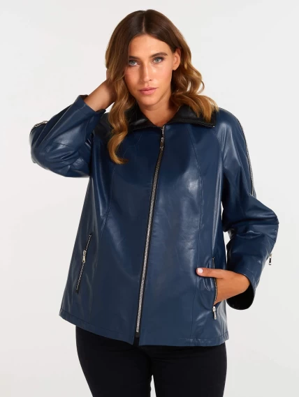 Кожаная женская куртка оверсайз 385, синяя, размер 48, артикул 90400-1