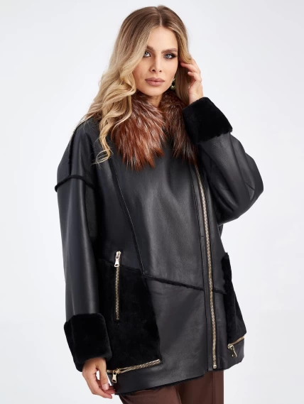 Женская куртка оверсайз из натуральной овчины с воротником из меха лисицы премиум класса 2042, черная, размер 44, артикул 63500-3