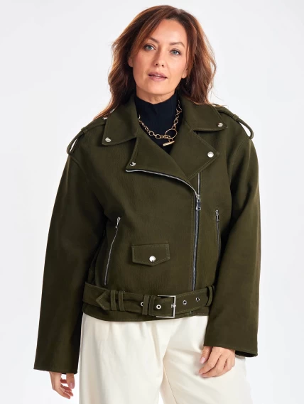 Короткая кожаная куртка косуха с поясом для женщин премиум класса 3052, хаки, размер 44, артикул 23460-3