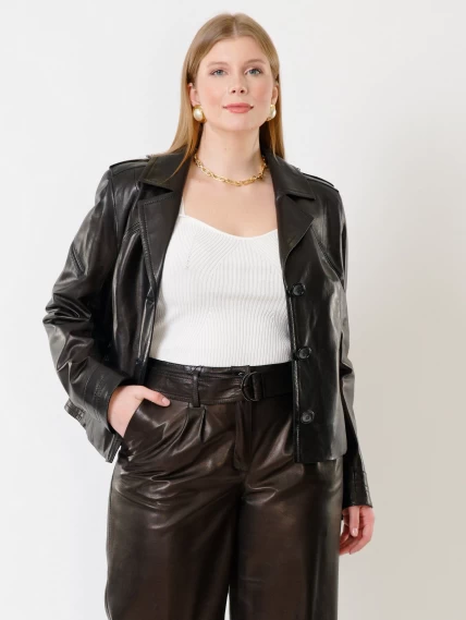 Короткая женская кожаная куртка пиджак 304, черная, размер 44, артикул 91213-5