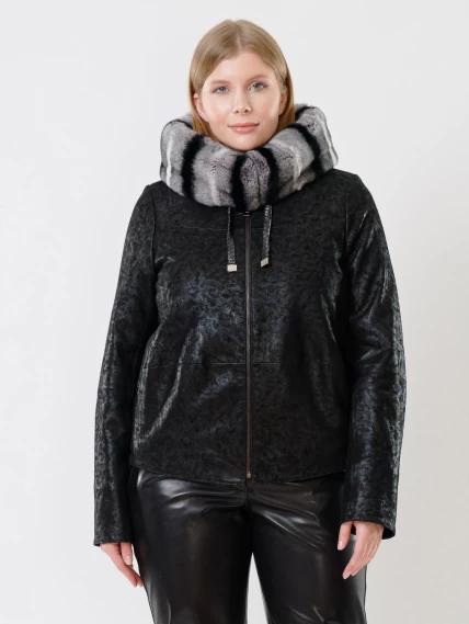 Короткая замшевая утепленная женская куртка с мехом "рекса" 308ш, черная, размер 46, артикул 23731-2