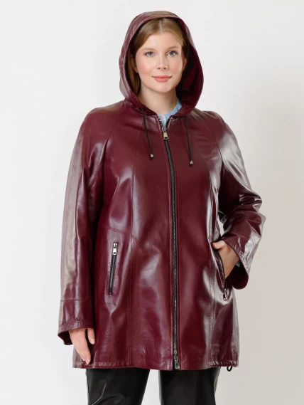 Кожаная женская куртка оверсайз с капюшоном 383, бордовая, размер 50, артикул 91301-0
