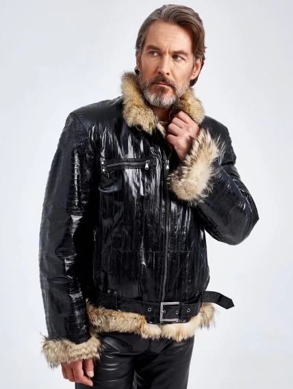 Зимняя мужская кожаная куртка из кожи морского угря на подкладке из меха лисицы ZE/F-7980, черная, размер 48, артикул 40800-6