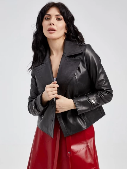 Кожаный комплект женский: Куртка 3014 + Юбка 01рс, черный/красный, размер 46, артикул 111111-3