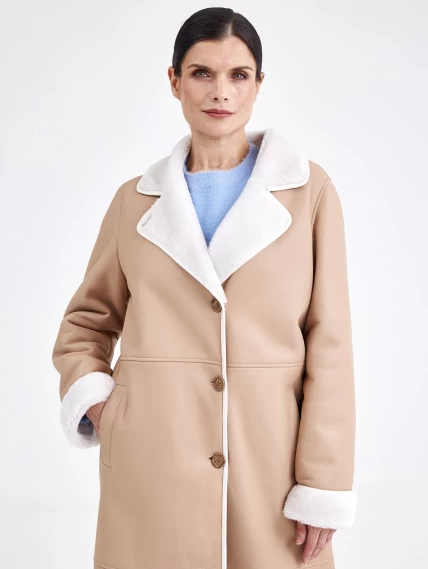 Классическое пальто из натуральной овчины с поясом премиум класса для женщин 2009, бежевое, размер 46, артикул 63740-6